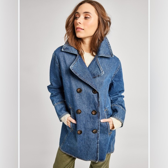 Classic Nautical Preppy Medium Wash Denim Double Breasted Jean Trench Co… - Picture 1 of 9